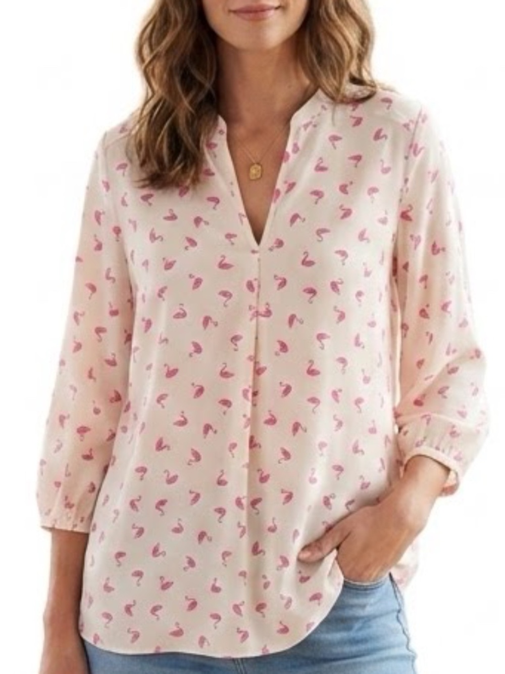 Amanda Uprichard Women's Silk Swan Print Tunic Blouse Split Neck Ivory Pink Sz M